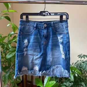 Asymmetrical Distressed Mini Jean Skirt